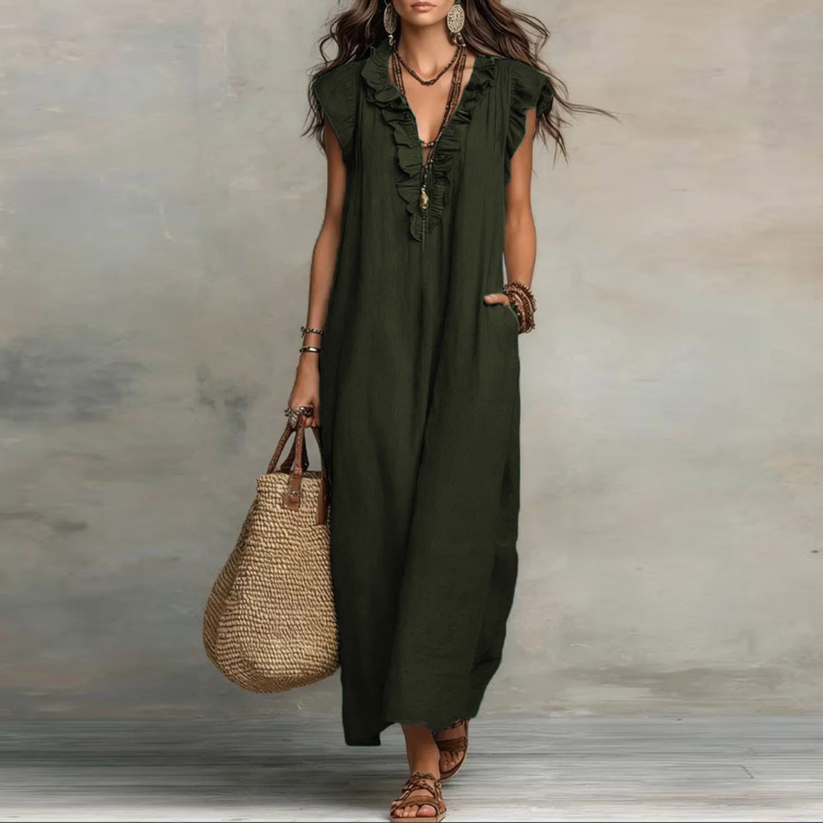 ✨⏰2026 Summer Solid Color Elegant Temperament Flying Sleeve Dress