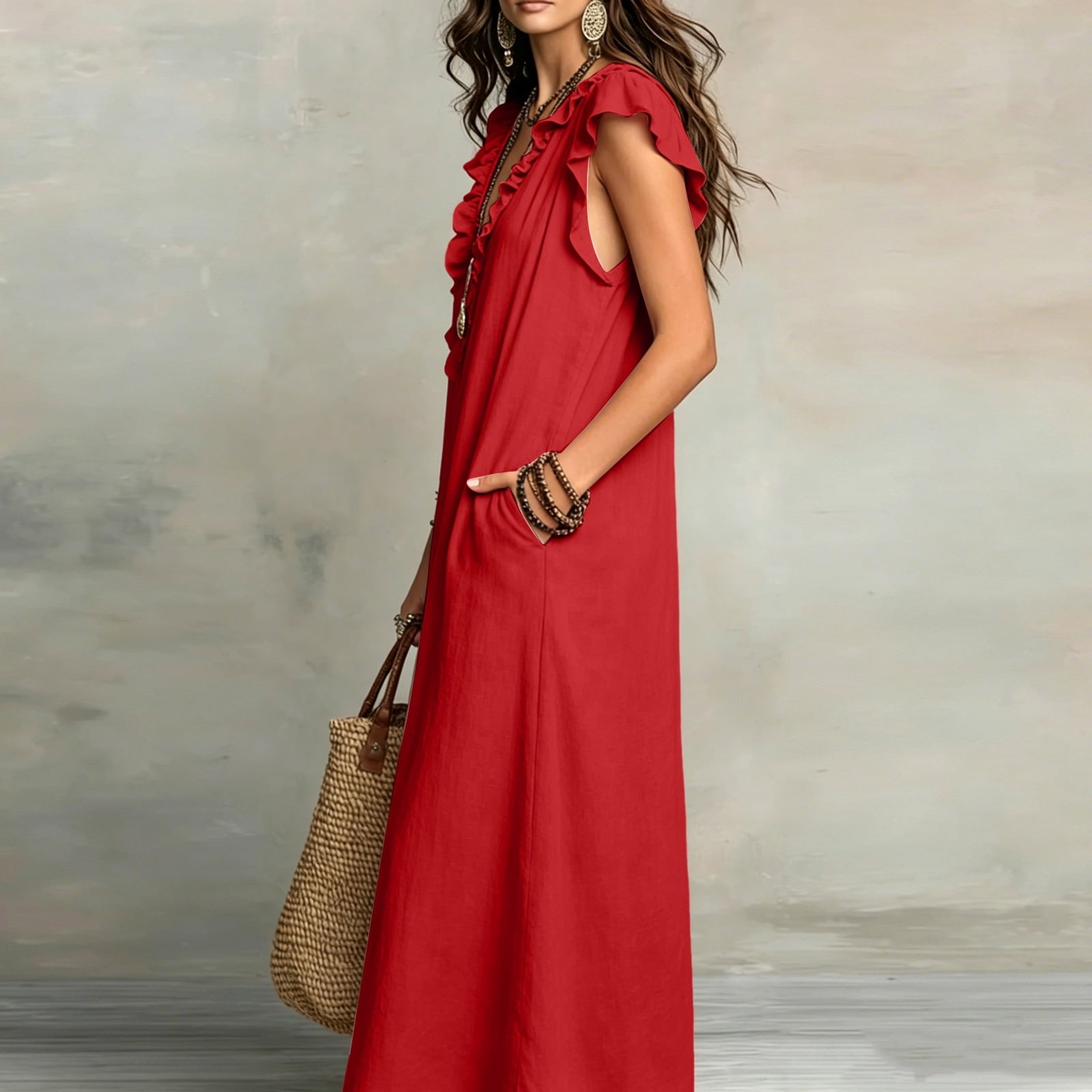 ✨⏰2026 Summer Solid Color Elegant Temperament Flying Sleeve Dress