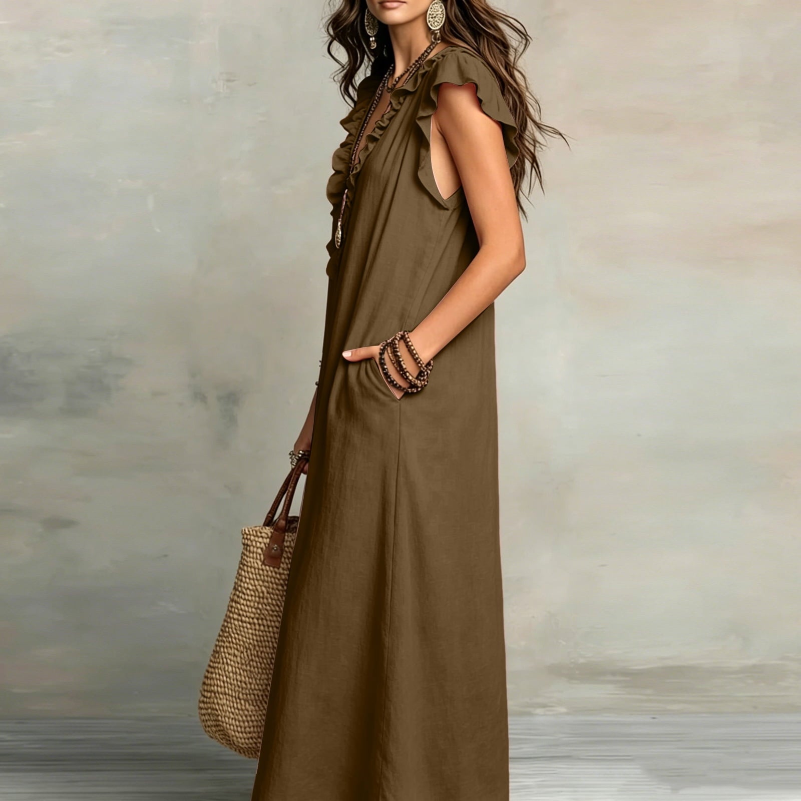 ✨⏰2026 Summer Solid Color Elegant Temperament Flying Sleeve Dress