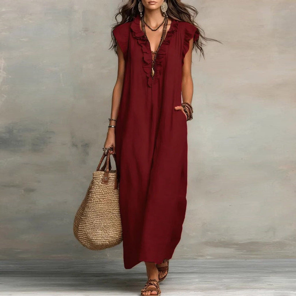 ✨⏰2026 Summer Solid Color Elegant Temperament Flying Sleeve Dress