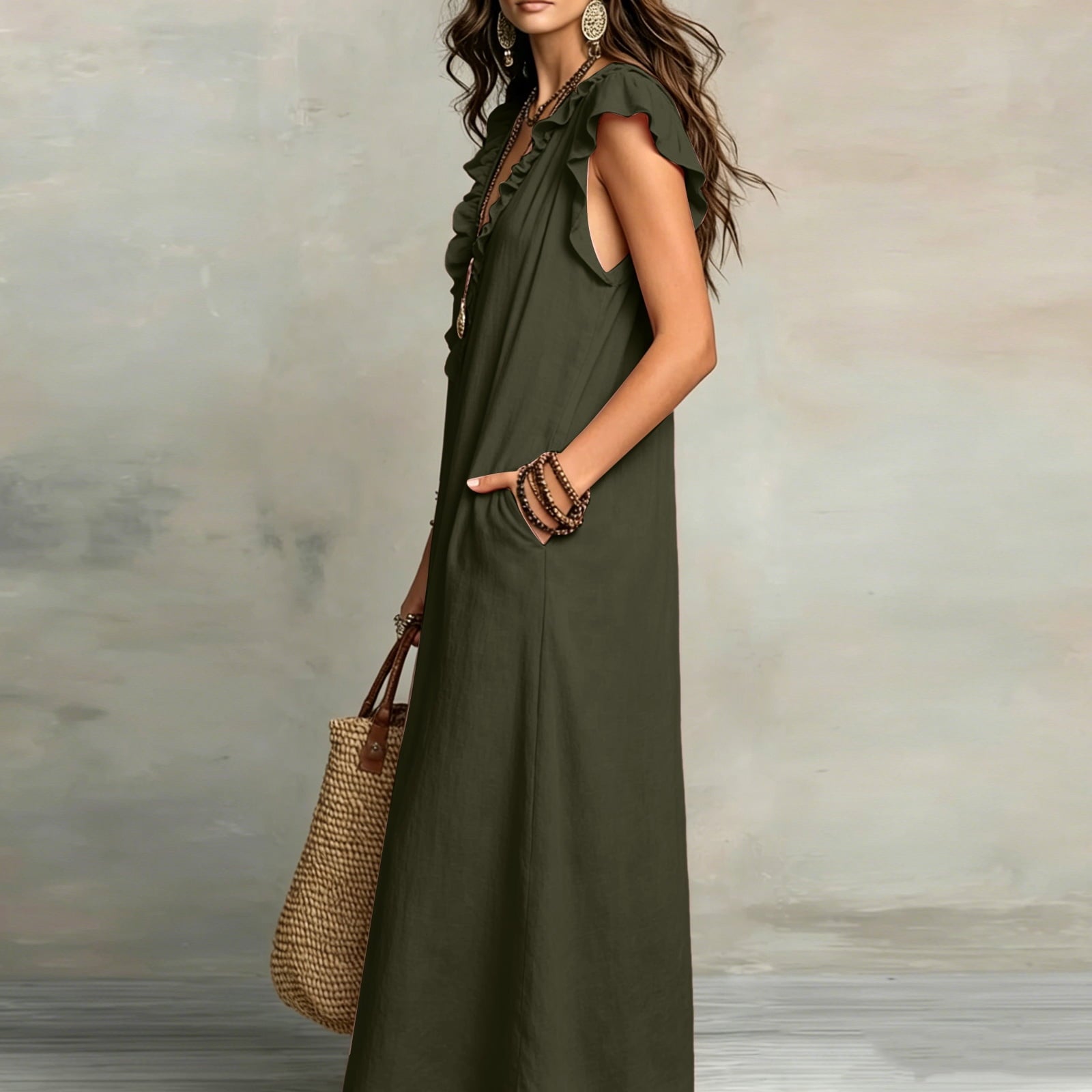 ✨⏰2026 Summer Solid Color Elegant Temperament Flying Sleeve Dress