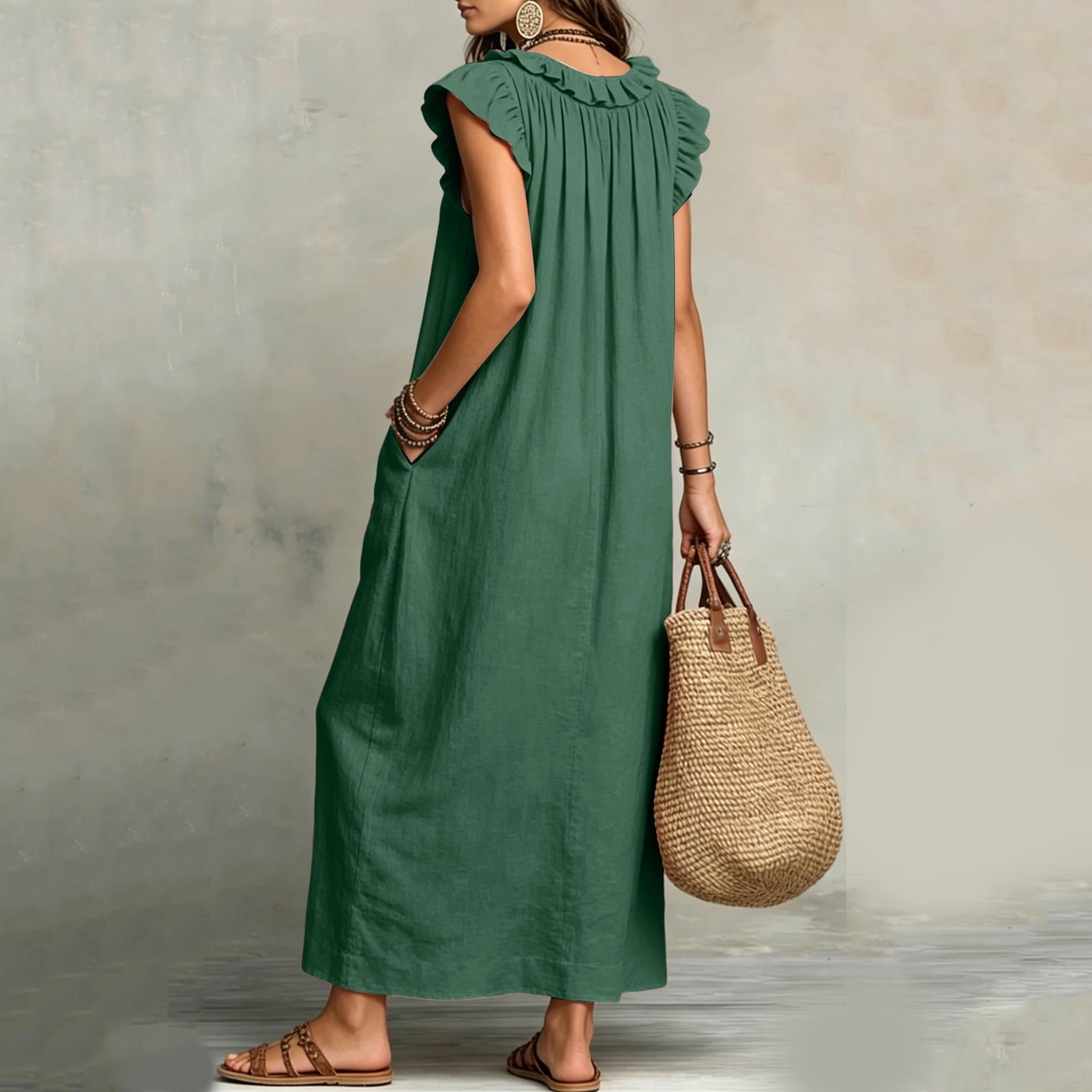 ✨⏰2026 Summer Solid Color Elegant Temperament Flying Sleeve Dress