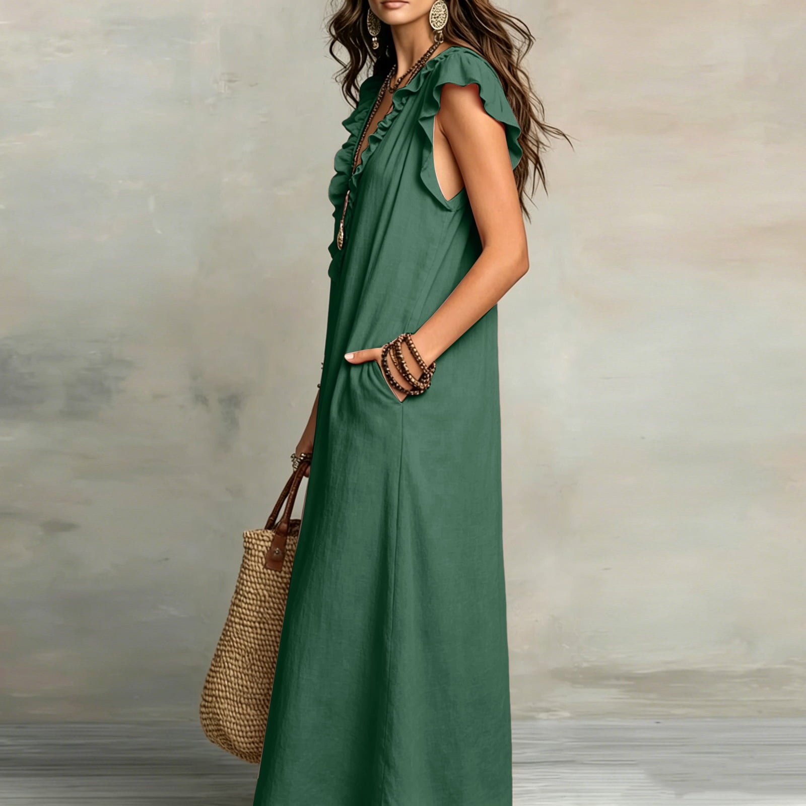 ✨⏰2026 Summer Solid Color Elegant Temperament Flying Sleeve Dress
