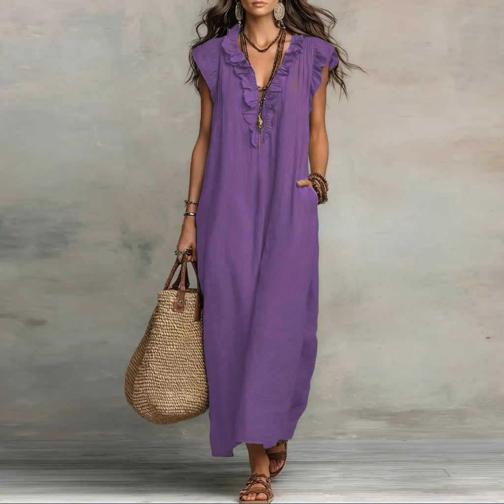 ✨⏰2026 Summer Solid Color Elegant Temperament Flying Sleeve Dress