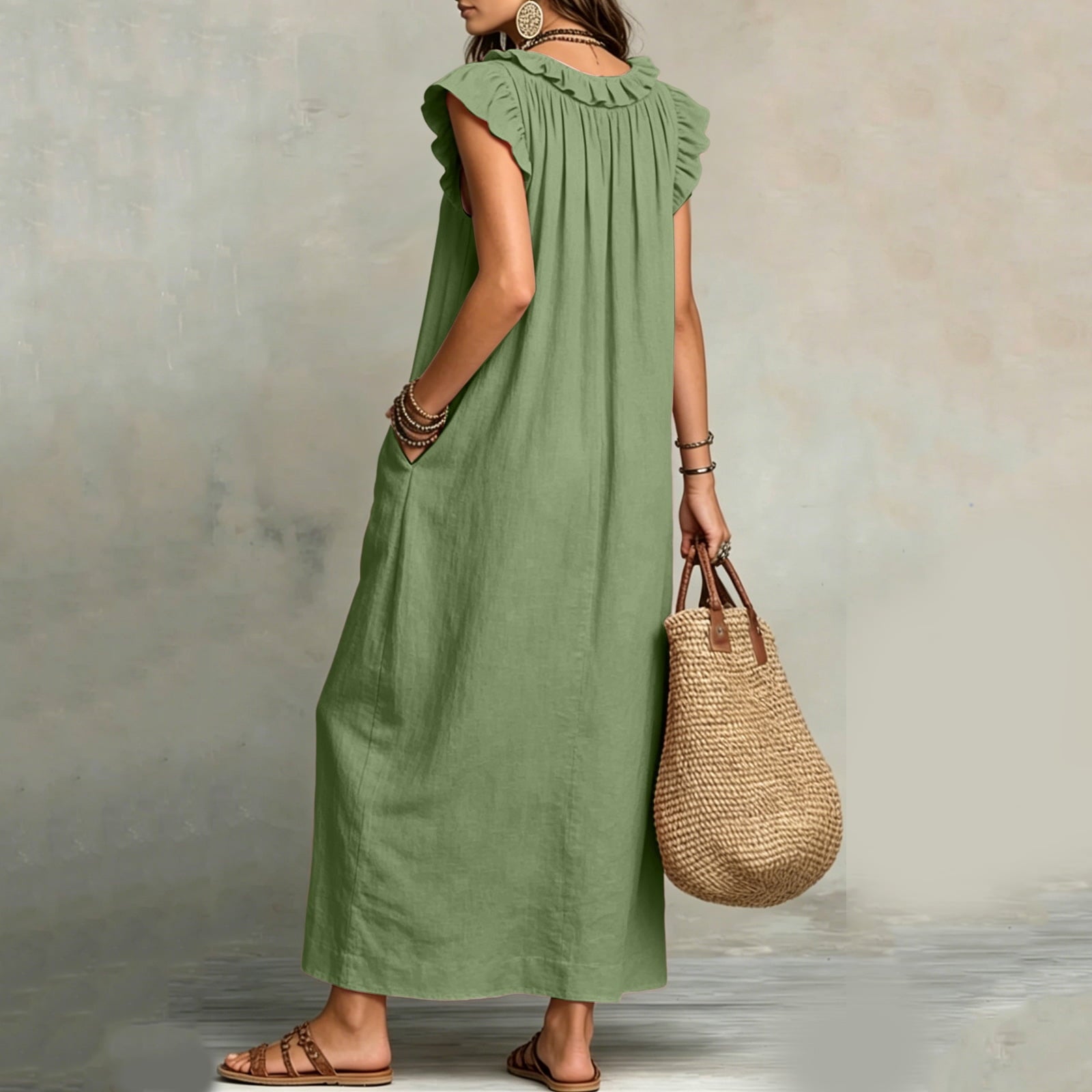✨⏰2026 Summer Solid Color Elegant Temperament Flying Sleeve Dress