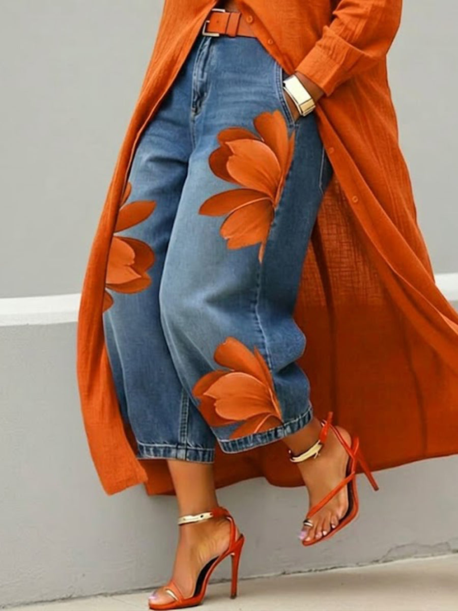✨⏰LAST DAY SAVE 49% ⏰Women's Vintage Wash Red Floral Embroidered Denim Pants