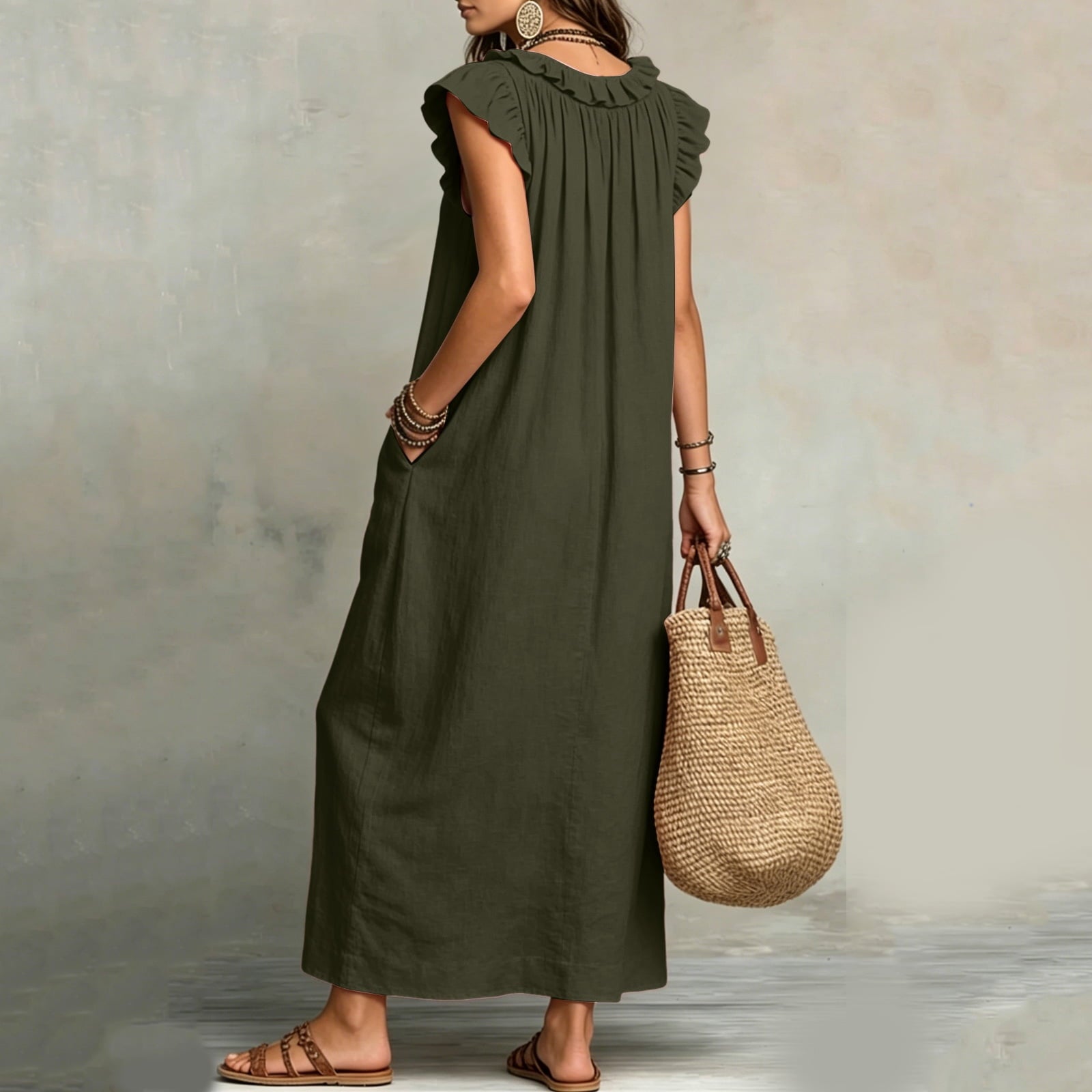 ✨⏰2026 Summer Solid Color Elegant Temperament Flying Sleeve Dress